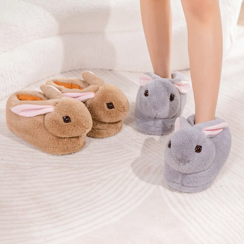 Double Eyelid Rabbit Winter Ankle Wrap Cotton Shoes Simulation Long-Ear Rabbit Plush Cover Heel Thickening Floor Cotton Slippers 2