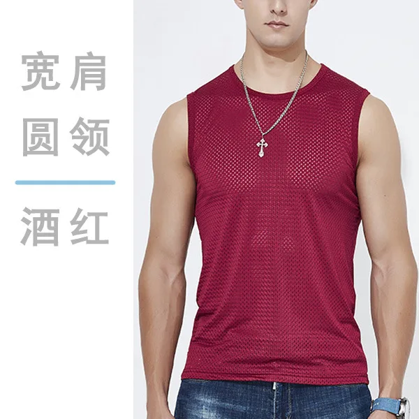 Camisetas sin mangas de verano para hombre, chaleco de malla de seda de hielo para hombre, camisetas sin mangas deportivas para fitness, camiseta interior hueca de secado rápido