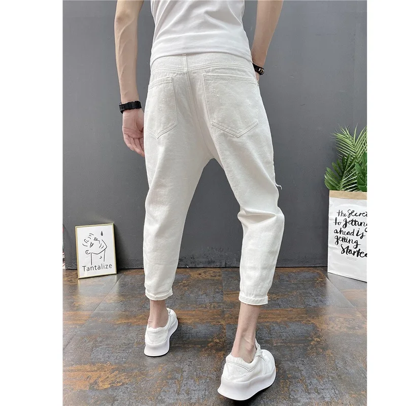 Ripped Jeans White Jeans Ripped Patchwork Jeans Korean Ankle-Length Men Breathable Slim Fit Four Season Narrow Leg Harem Trousers