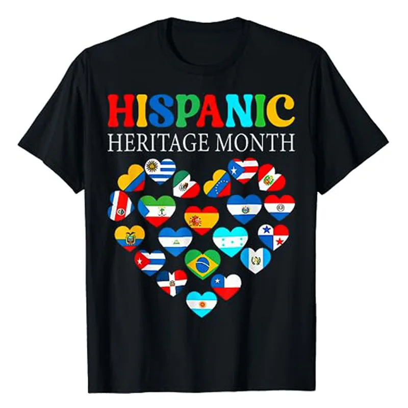 

Happy National Hispanic Heritage Month All Countries Heart Flags T-Shirt Hispanic Latino Americans Tops Short Sleeve Graphic Tee