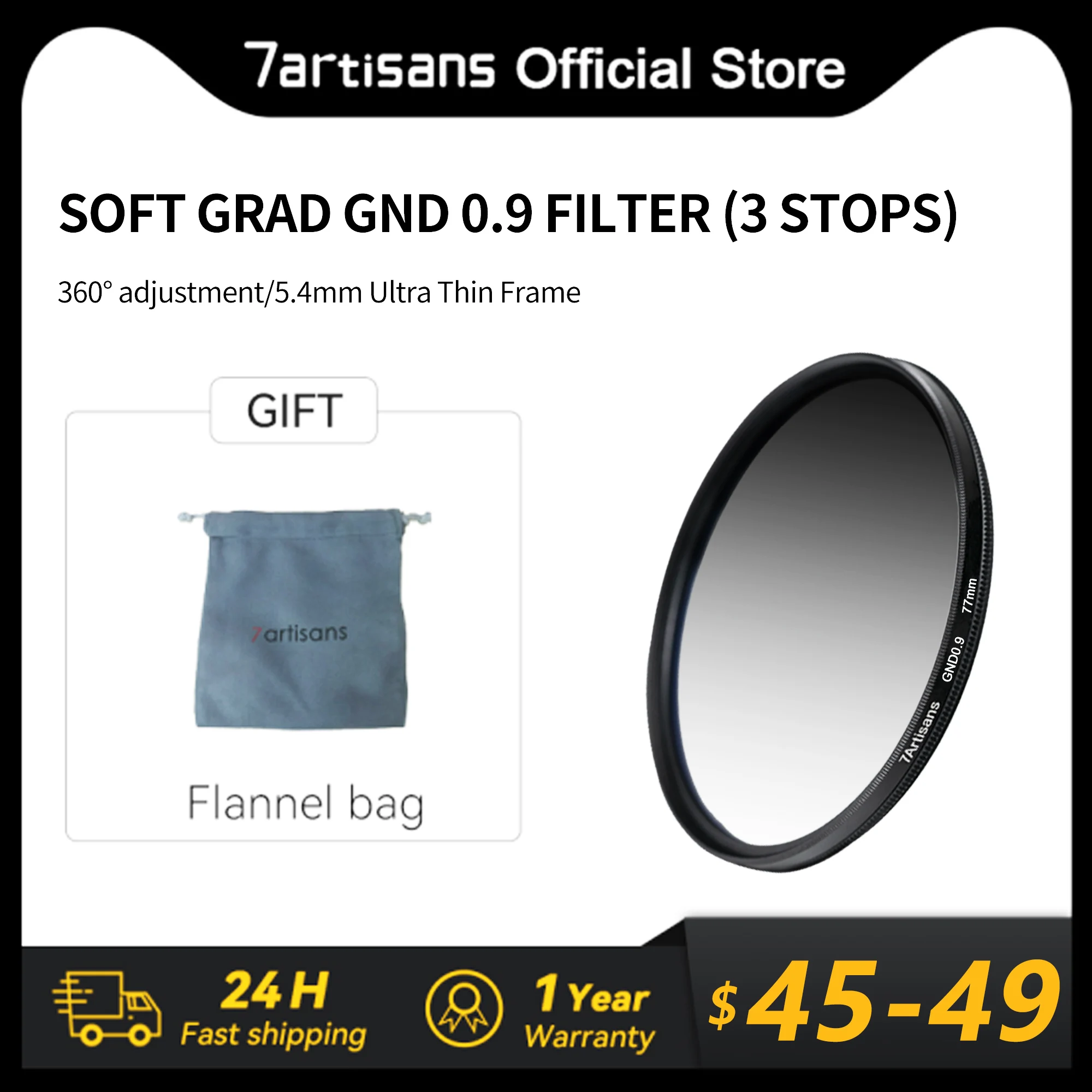 

7Artisans 7 artisans 46mm-82mm HD Soft GND Lens Filter 3 Stop(0.9) Graduated Neutral Density Filter with 18 Multi-Layer Coatings