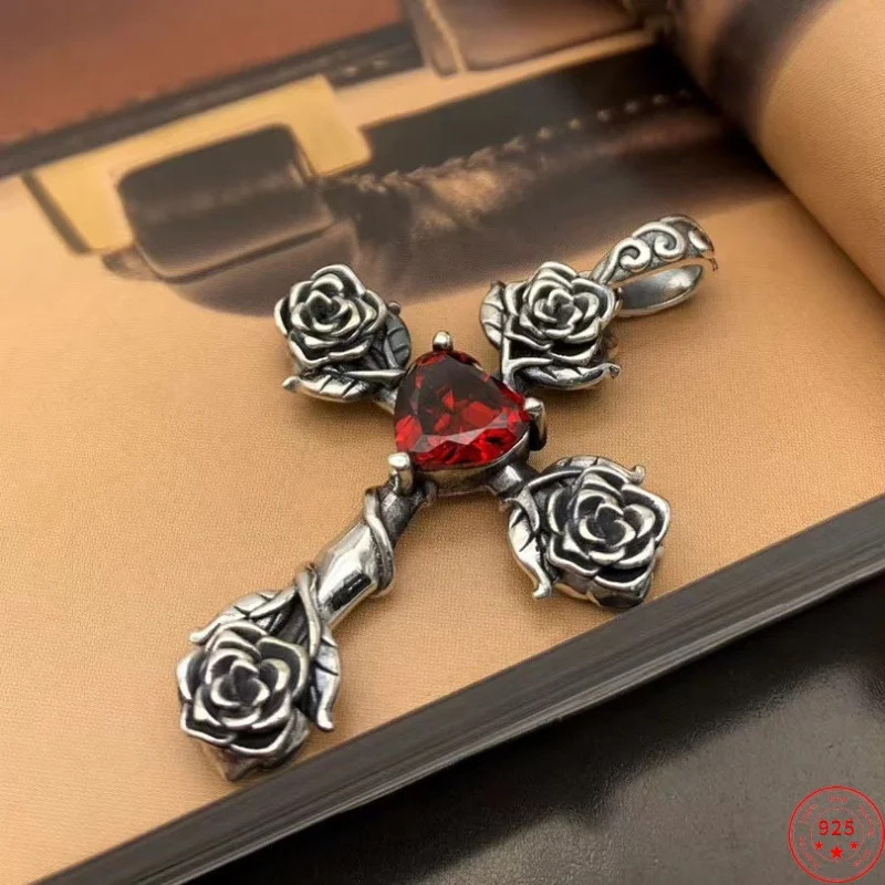 

S925 Sterling Silver Charms Pendants for Women Men New Fashion Red Heart Rose Cross Rock style Jewelry Free Shipping