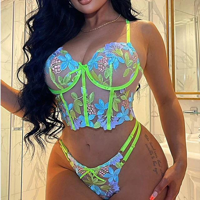 Sexy lingerie Women Neon Green Female Underwear Intimate Bra and Panty Set  Woman 2 Pieces Lace See Through Outfit - AliExpress