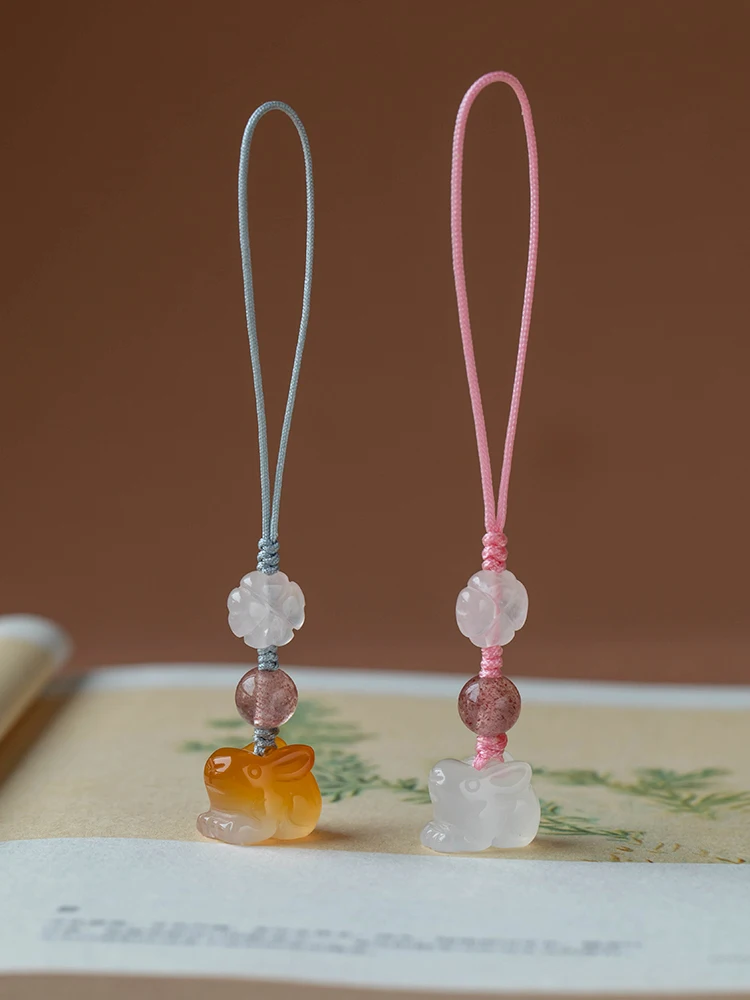 Natural Chalcedony Bunny Pendant Mini Jade Mobile Phone Charm Key Case Bag Charm