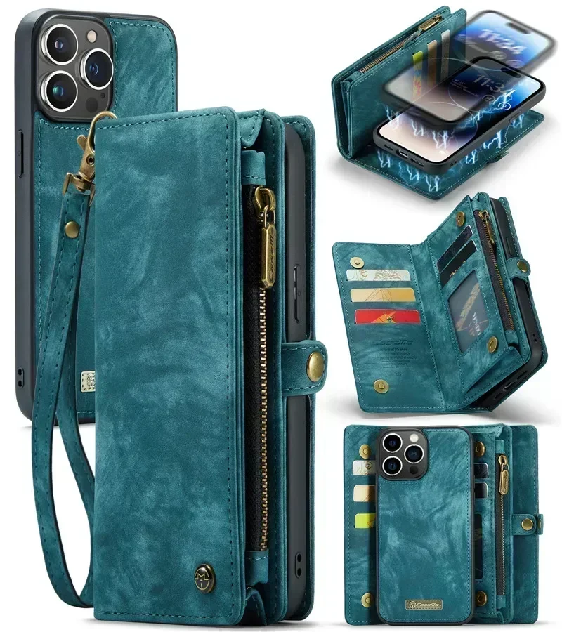 Luxury Leather Wallet Case with Zipper and Strap
