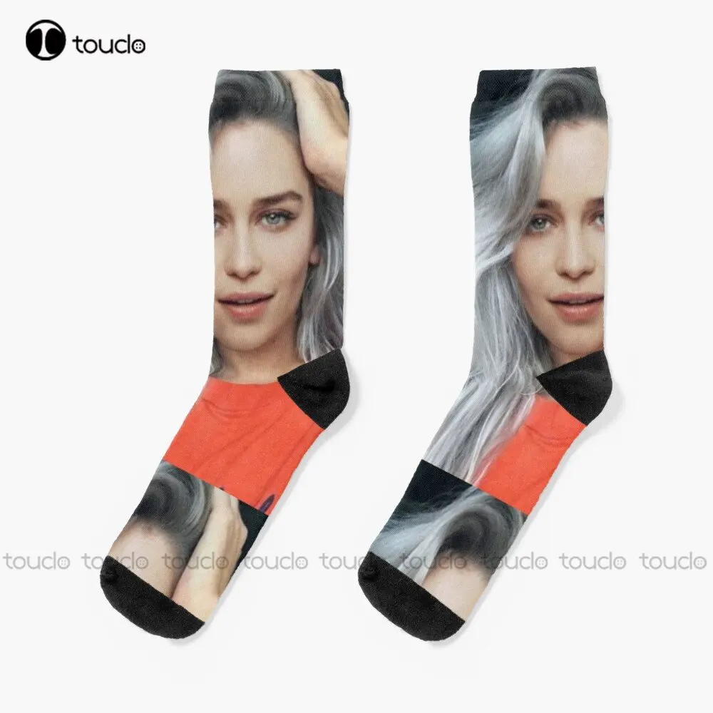 

Emilia Clarke Sticker Socks Woman Socks Personalized Custom Unisex Adult Teen Youth Socks 360° Digital Printing Streetwear Funny