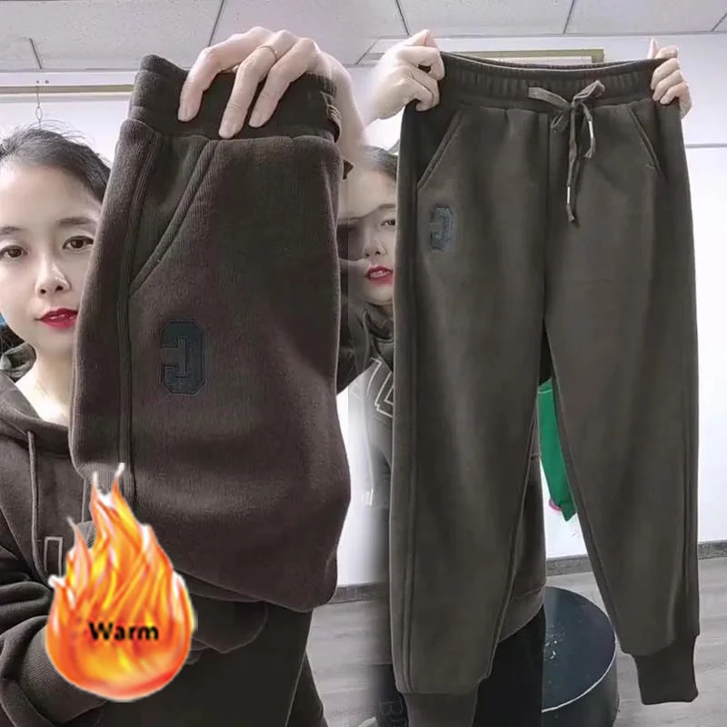 Oversized High Waist Sweatpants Plus Velvet Women Casual Letter Print Winter Harem Trousers Korean Fleece Lined Baggy Pantalones