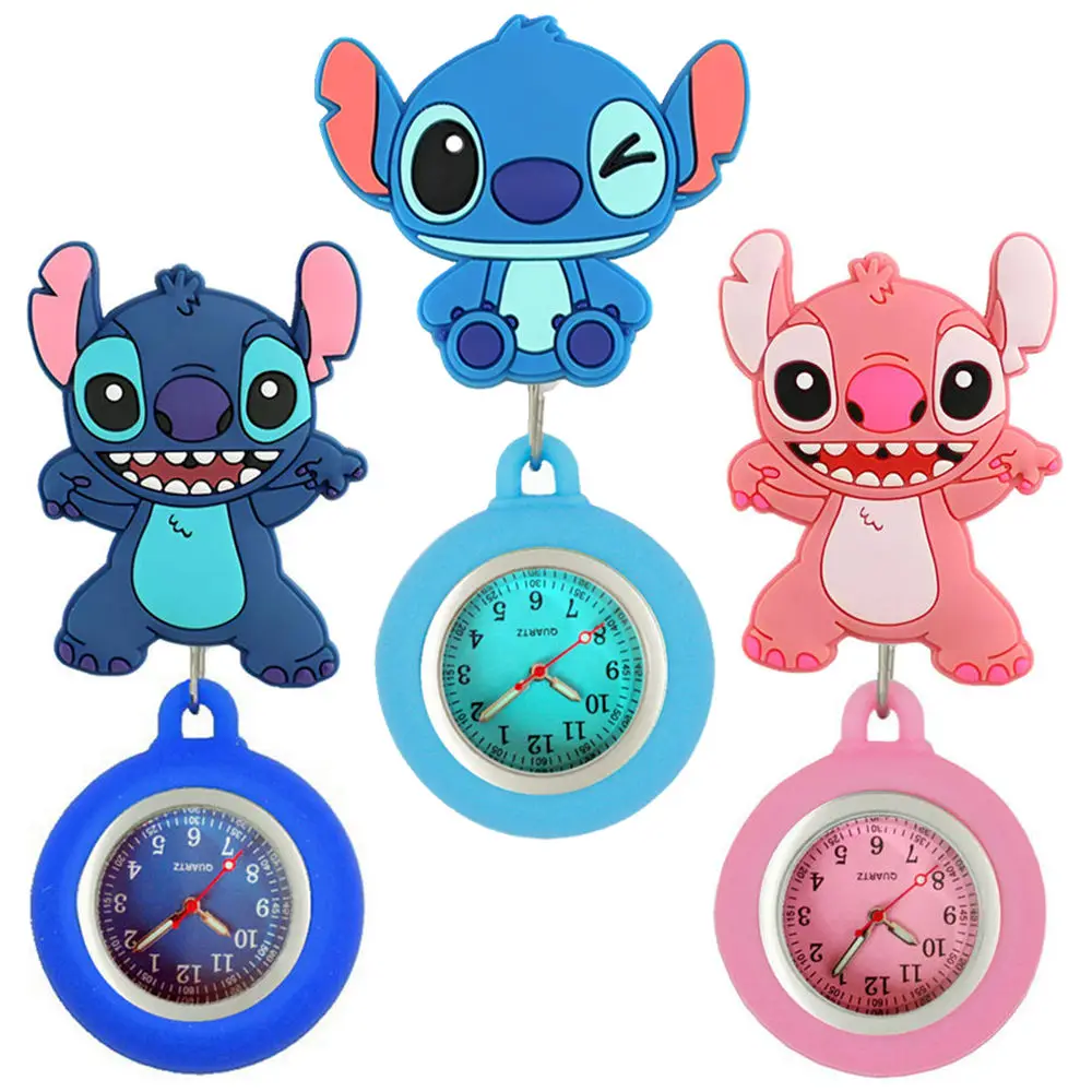 Pocket Watch MINISO Cartoon Stitch Lovely Colourful Kids Students Nurse Doctor FOB Pocket Watches Badge Reel Clip Hang Medical Clock