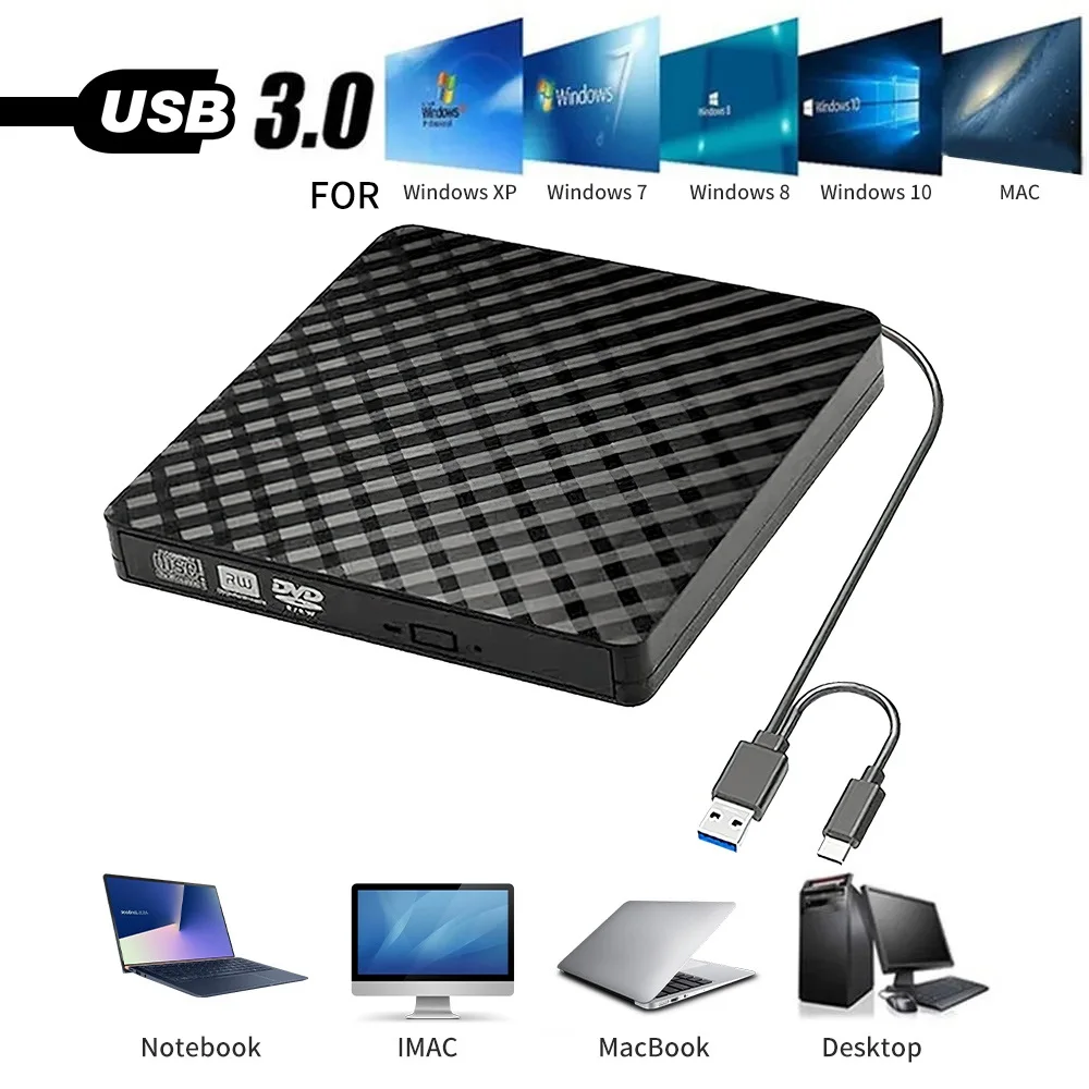 USB 3.0 타입 C 외장 DVD RW CD 버너 드라이브 리더 플레이어, 고속 데이터 전송 녹음기, 노트북 데스크탑 아이맥