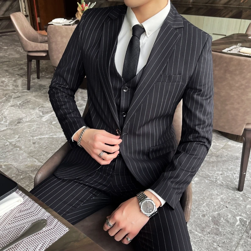 Three-Piece Business Suit Slim Fit Striped Vest Trousers Set Korean Fashion Wedding Outfit