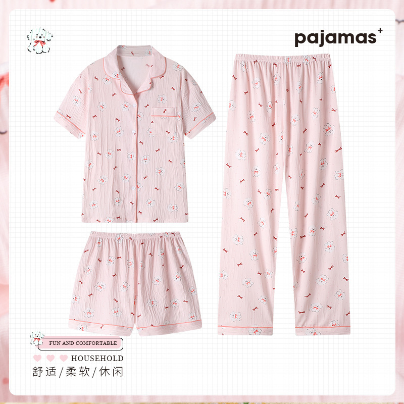 Ms. Spring and Autumn High Value Pajamas Female New Short-Sleeved Three-Piece Cartoon Girl Student Bow Tie Pajamas Homewear