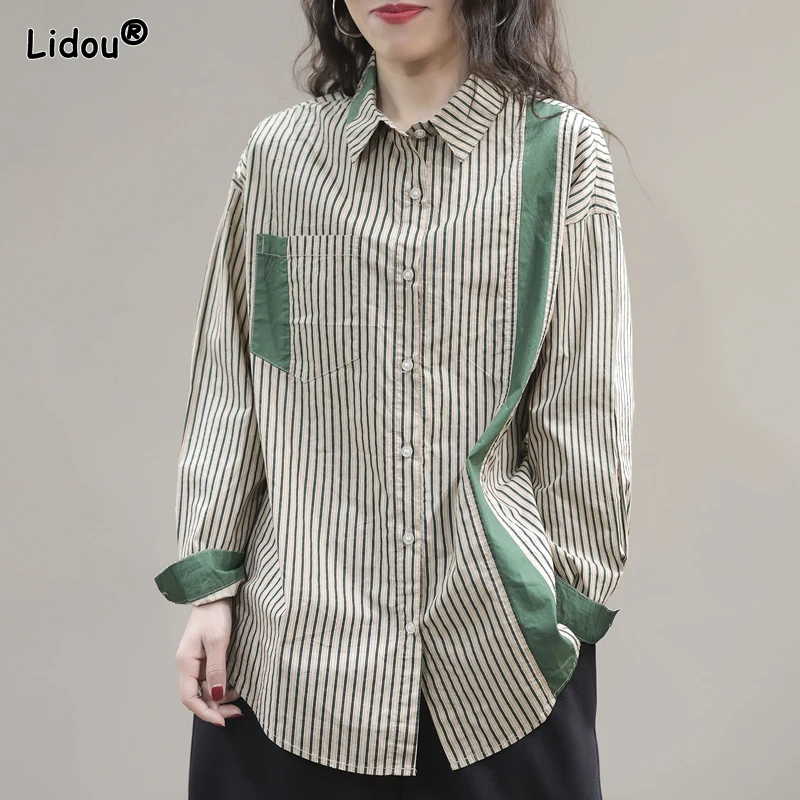 2023 Spring and Autumn Fashion Commuting Simplicity Casual Art Flip Collar Stripe Blocked Loose Oversized Women's Shirt