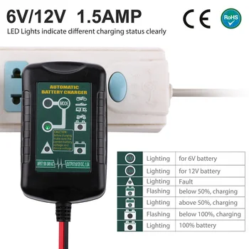 6V 12V 1.5A Automatic Battery Charger Maintainer Car Automatic Float Charger Motorcycle Lawn Mower Tractor Lead-acid AGM GEL Toy 6