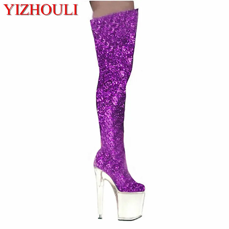 20cm high heels, stage performance over knee boots, sequins material, transparent bottom noble temperament dance shoes
