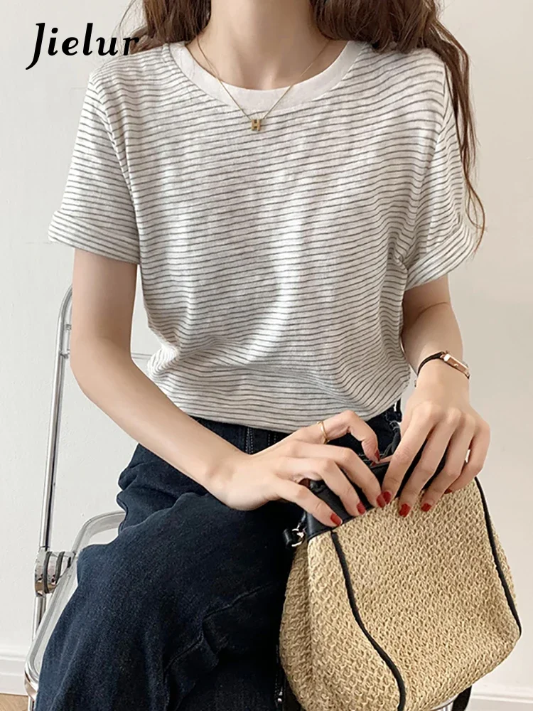 

Jielur Summer Stripe Tshirts Short Sleeve Cotton T-Shirts Female Clothing Korean Fashion Casual Classic Breathable Thin Tops