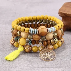 Boho Tree of Life Bracelet Set with Tassel Charms and Wooden Beads (9)