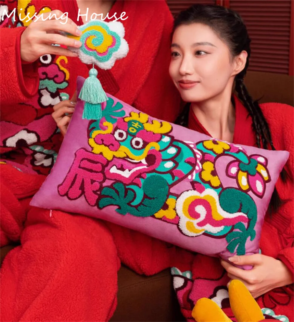 Chinese New Year Dragon Cloud Creative Pillowcase Cover Back Cushion Home Decoration for Sofa Bed Chair Living Room