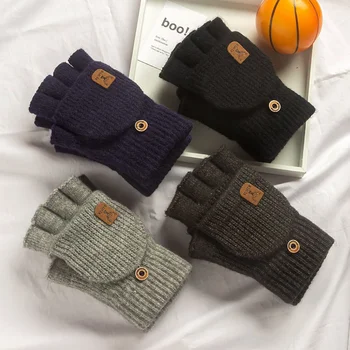 New Fingerless Flip Gloves for Men and Women Winter Thickened Warm Half Finger Gloves, Knitted Touchscreen Student Accessory