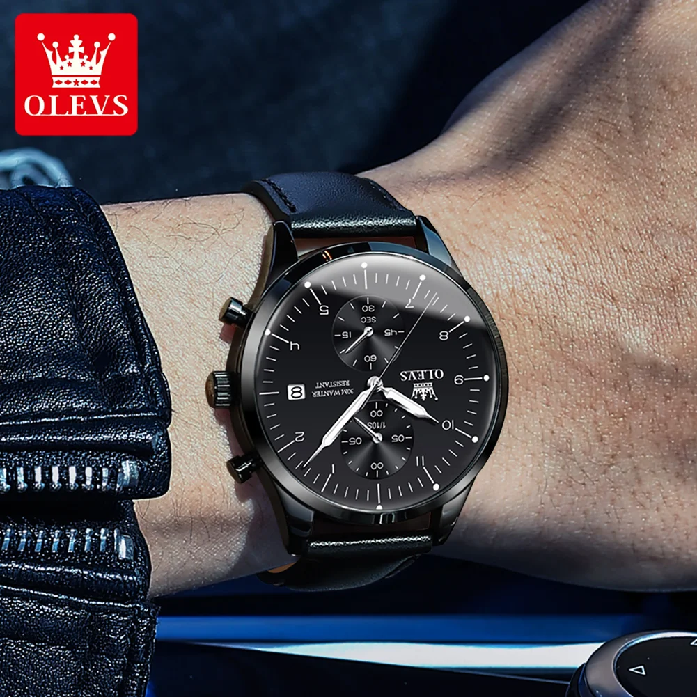 OLEVS Brand New Fashion Chronograph Quartz Watch for Men Luxury Leather Strap Waterproof Luminous Men Watches Relogio Masculino