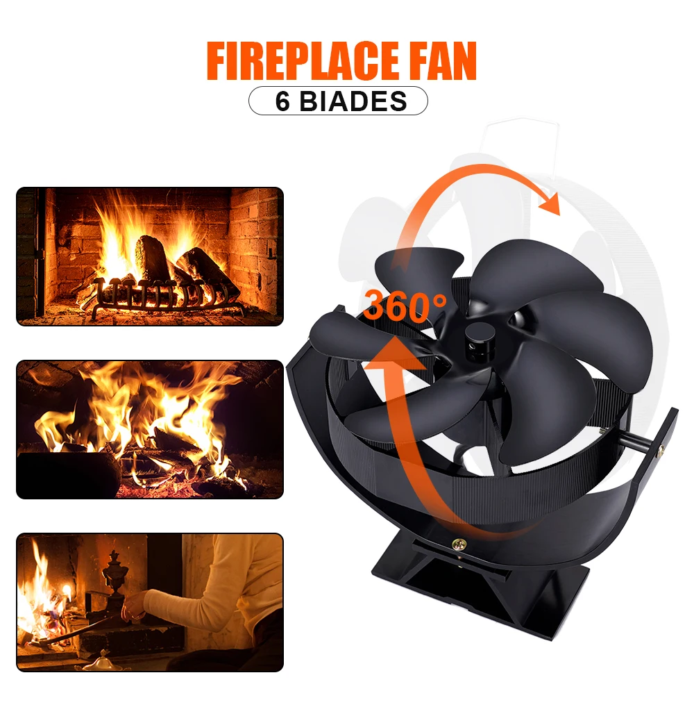 6 Blades Heat Powered Stove Fan 360° Rotating Fireplace Fan Log Wood Burner Eco-fan Quiet Efficient Heat Distribution Stove Fan