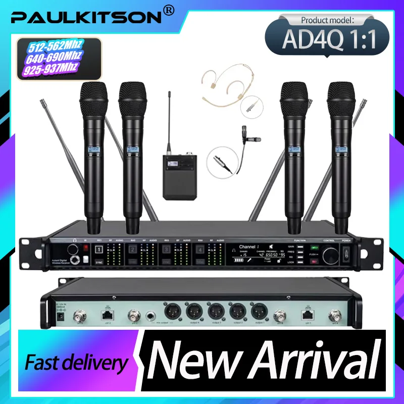 Paulkitson AD4Q KSM9 Professional Wireless Microphone System 4-Channel 500/600/900MHZ Headset Mic Lavalier For Stage Outdoors