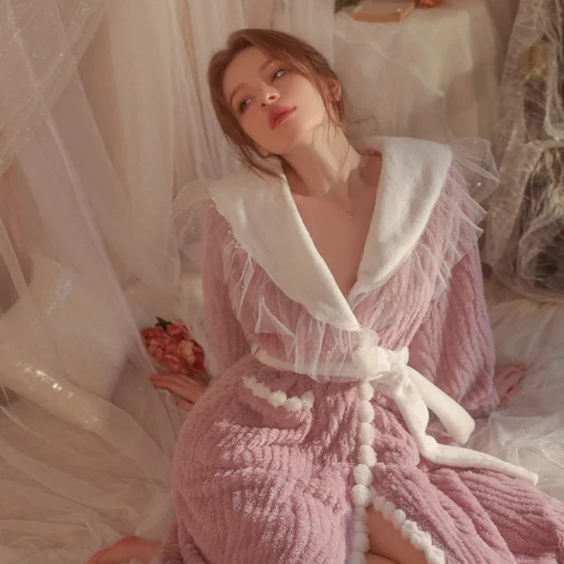 New Sexy Velour Robes for Women Sweet Cute Lace-up Bathrobe Fall and Winter Casual Outer Robe Women Casual Homewear Sleepwear