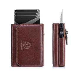 Genuine Leather RFID Blocking Minimalist Smart Wallet with Metal Card Holder (Brown)