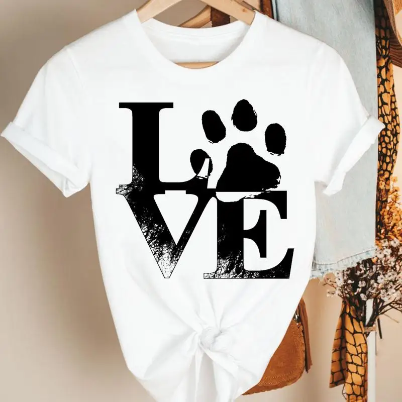

Women Pretty Love Letter Dog Paw Ladies Cartoon Summer Short Sleeve Print Fashion Tshirt Nice Tee Top Graphic T-shirt