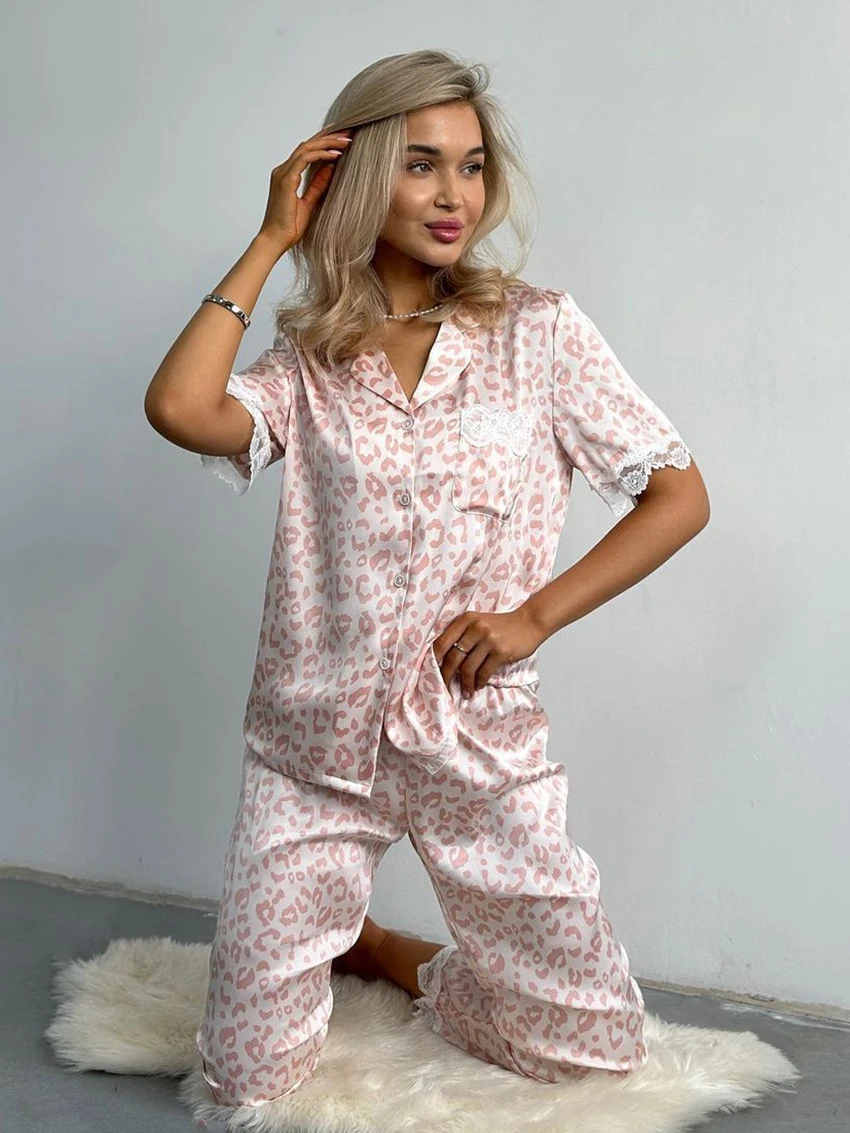 Marthaqiqi Lace Female Pajama Suit Sexy Turn-Down Collar Sleepwear Short Sleeve Nightwear Pants Casual Women Nightie 2 Piece Set