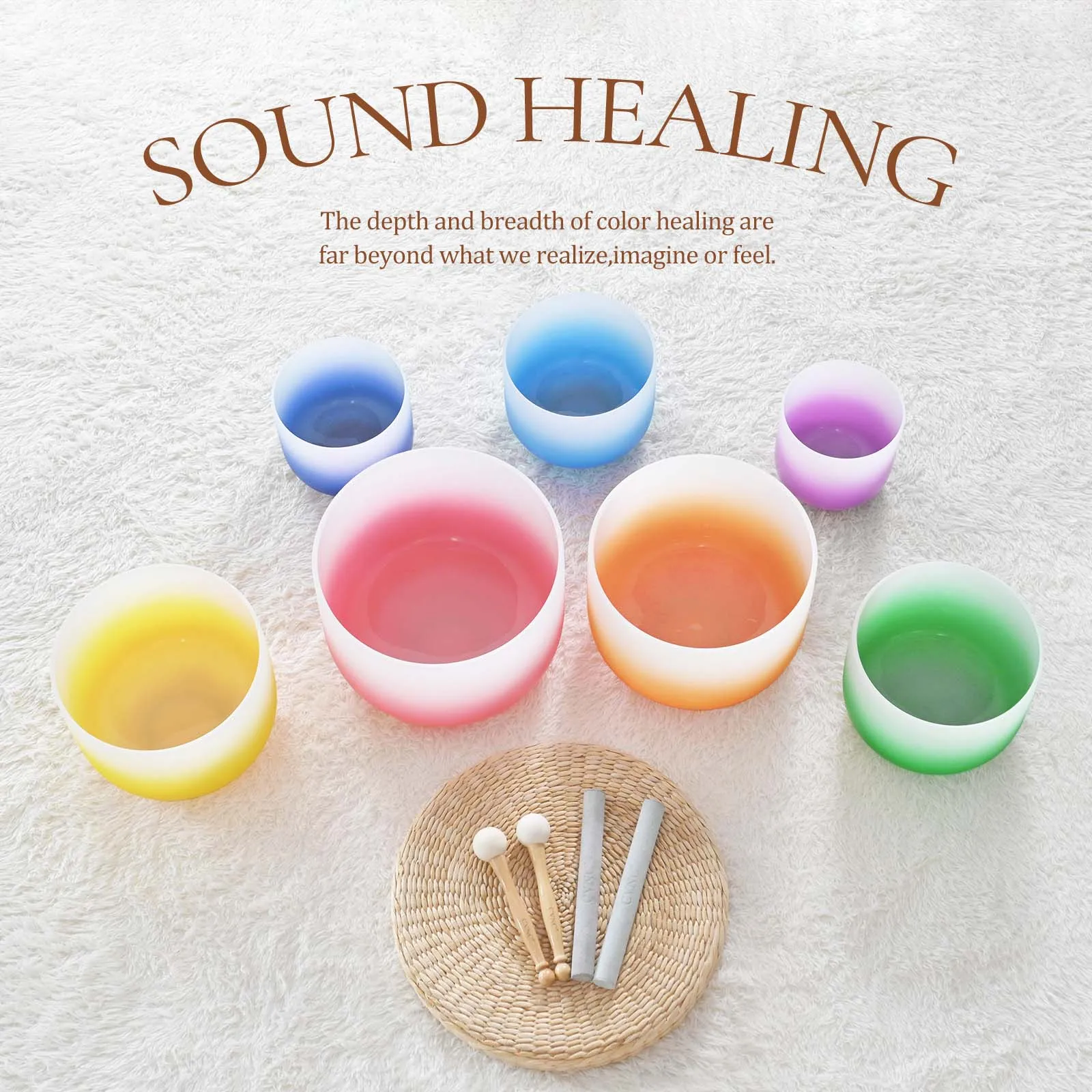 CVNC 6-12" Half Color Aria Gradient Design Frosted Quartz Crystal Singing Bowl Chakra set 7pcs for Sound Healing with Bags