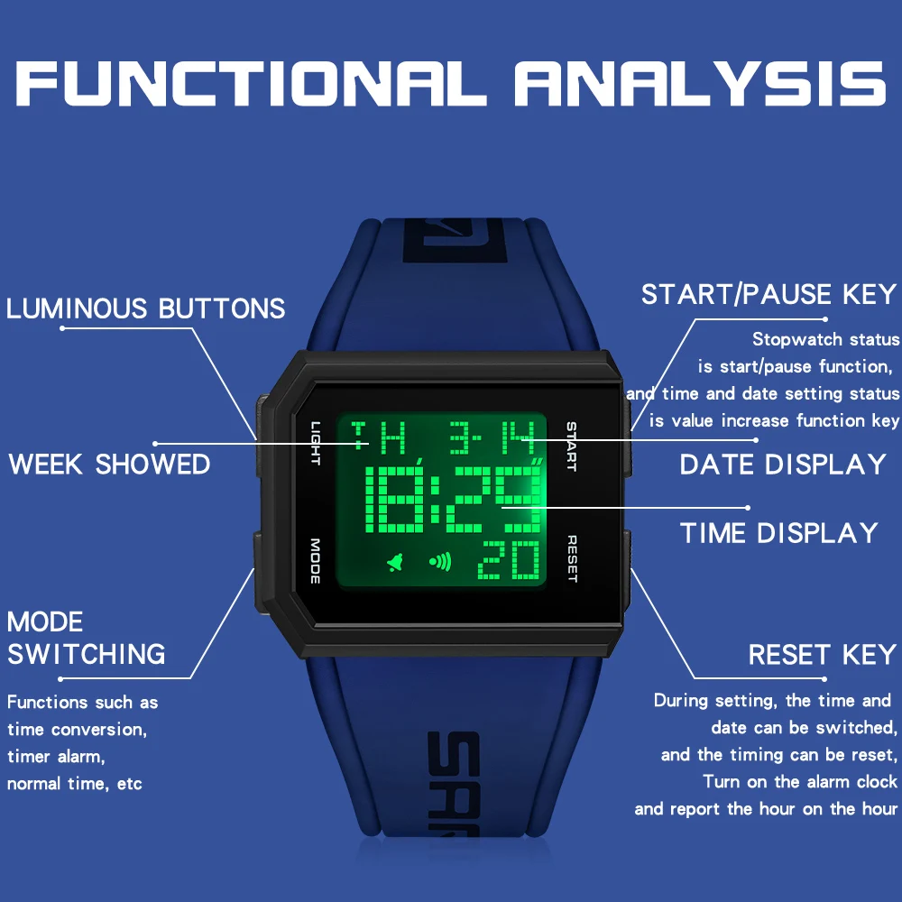 SANDA Men's Square Dial LED Digital Chronograph Sports Watch