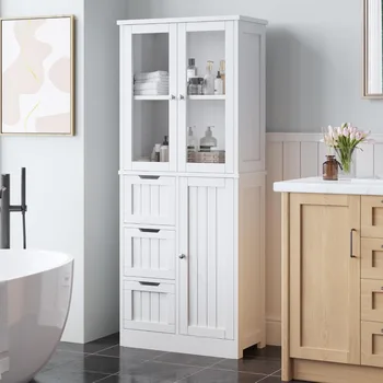 Tall Bathroom Storage Cabinet, Bathroom Cabinet with 3 Drawers, 58.5 1