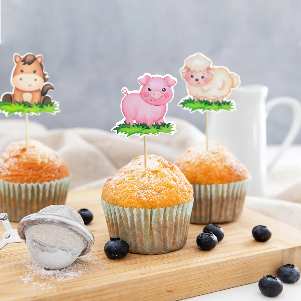 8/16Pcs Farm Animal Pig Chicken Sheep Cupcake Toppers Kids