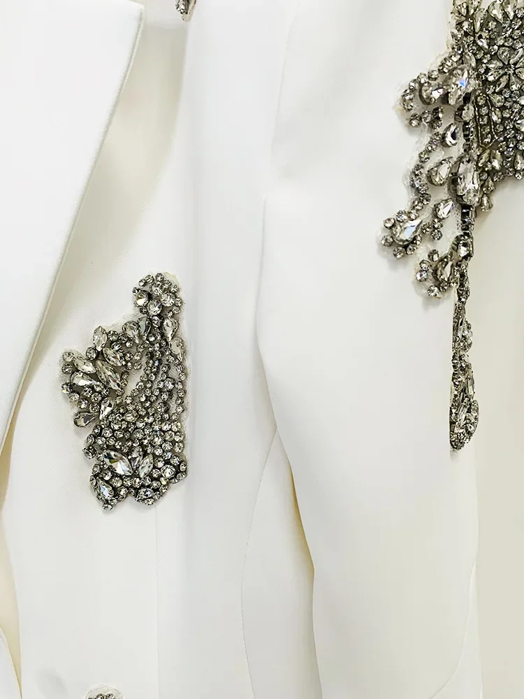 HIGH QUALITY Newest 2024 Designer Suit Women  Beaded Diamonds Single Button Suit Blazer Wide-leg Pants Set 2PCS 6