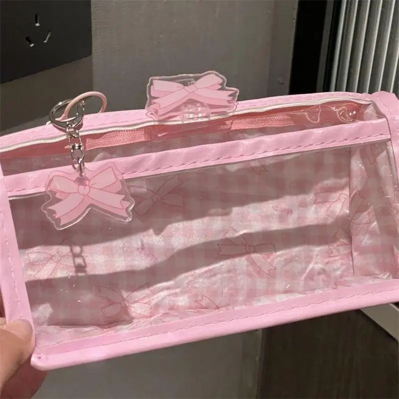 핑크 체크무늬 이중 레이어 투명 필통 고급 학생용 대용량 문구 보관 가방 인스 스타일
