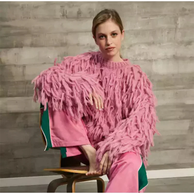 

New Fashion Women Pink Long Sleeve O-neck Tassel Loose Sweater Pullover Female Autumn Winter Elegant Solid Ladies Jumper