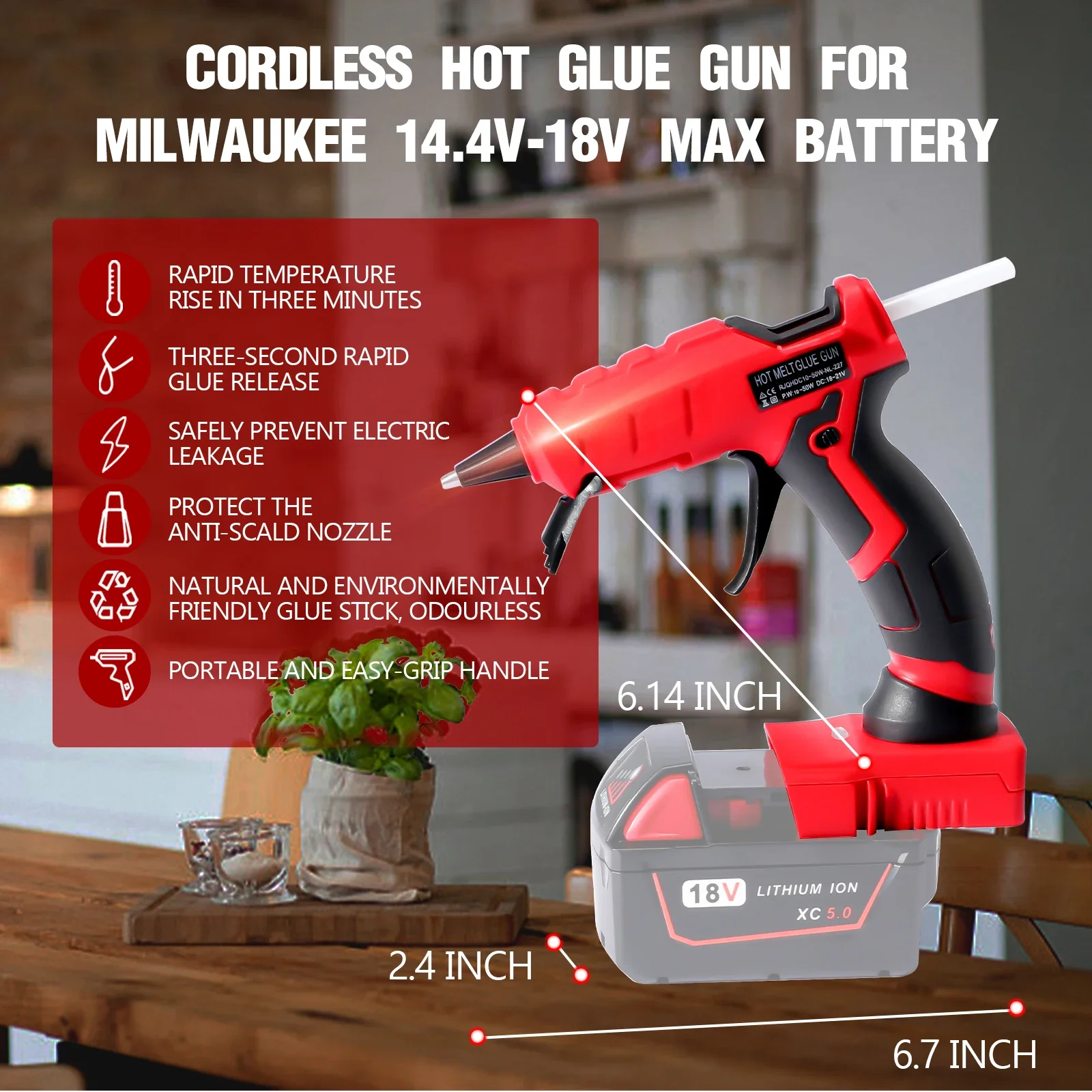 Cordless Hot Glue Gun for Milwaukee 18V Battery, (Battery NOT Included)  100W Handheld Battery Powered Glue Gun Kit with 20PCS Full Size Glue Sticks