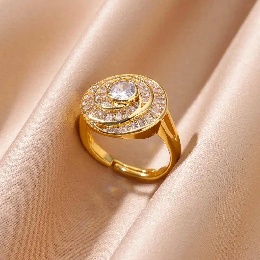 Round Zircon Stainless Steel Open Rings for Women Wedding Gold Color