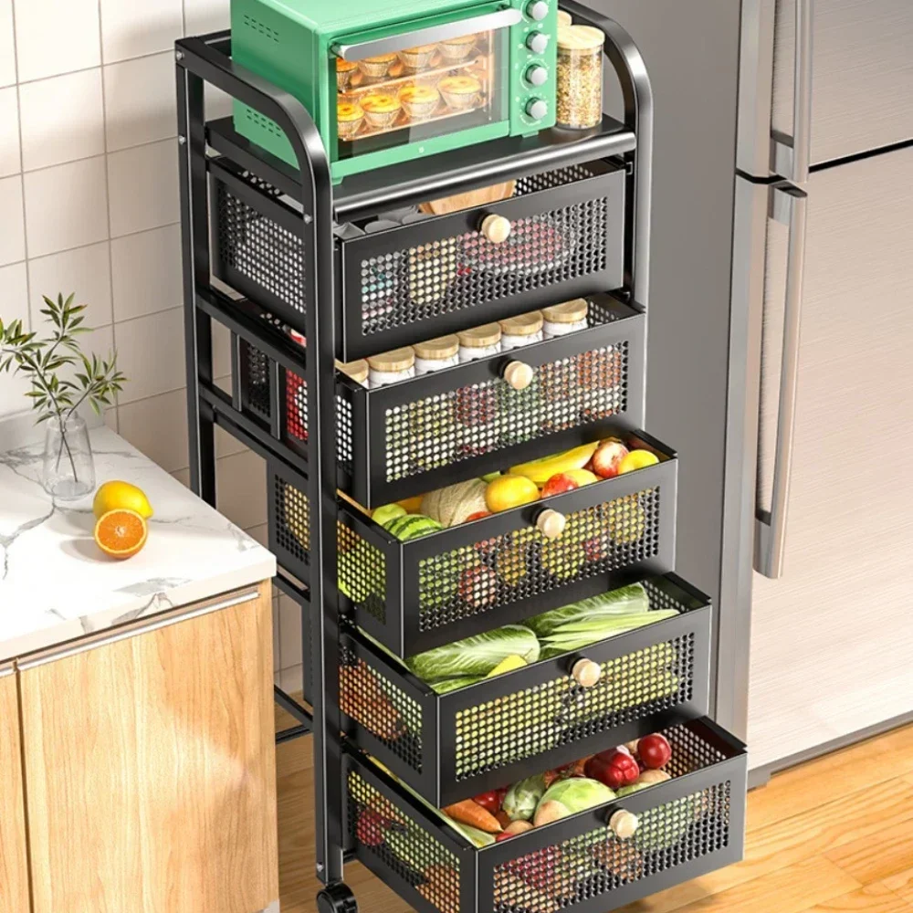 Kitchen Shelf With Drawer Multifunctional Storage Rack Fruits Vegetables Storage Cart Organizer With Wheels Bar Carts Cabinets 2