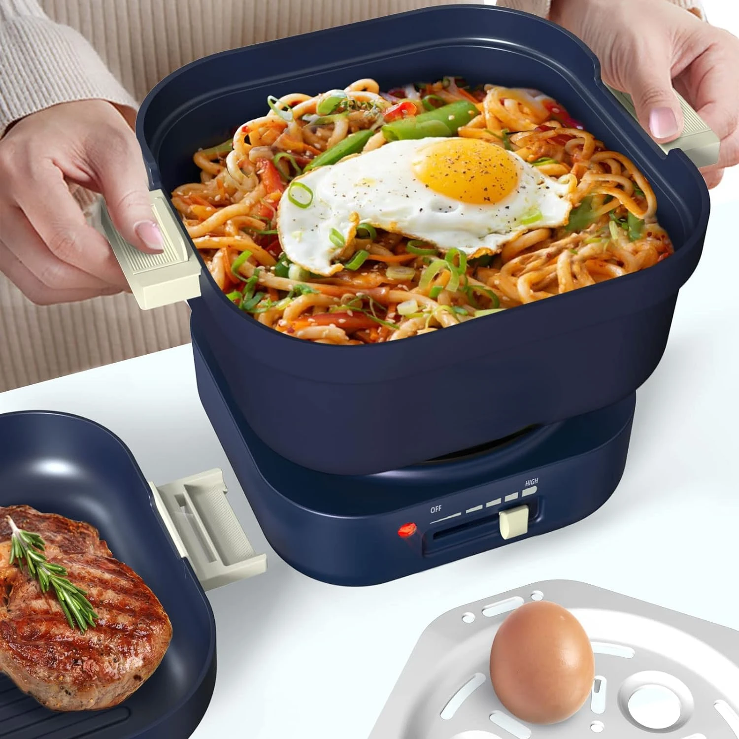 

Hot Pot with Grill, Non-Stick MIni Pot with 4 Mode Multifunction, Frying Pan, Steamer and Noddle Cooker, 4 Temperature Control