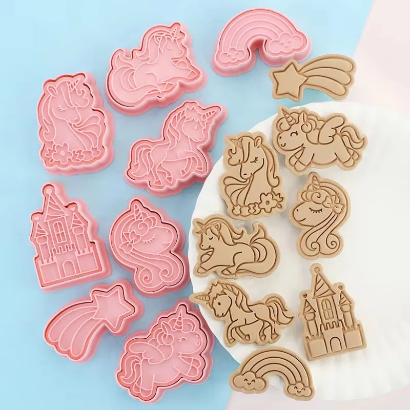 Cookies Cutter Unicorn Dough Stamp Plastic 3D Cartoon Pressable Biscuit Mold 8 pieces