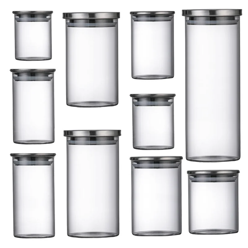 250-650ML Glass Canister Stainless Steel Cover Glass Spice Jars Storage Tank Coffee Bean Food Containers Kitchen Accessories 6