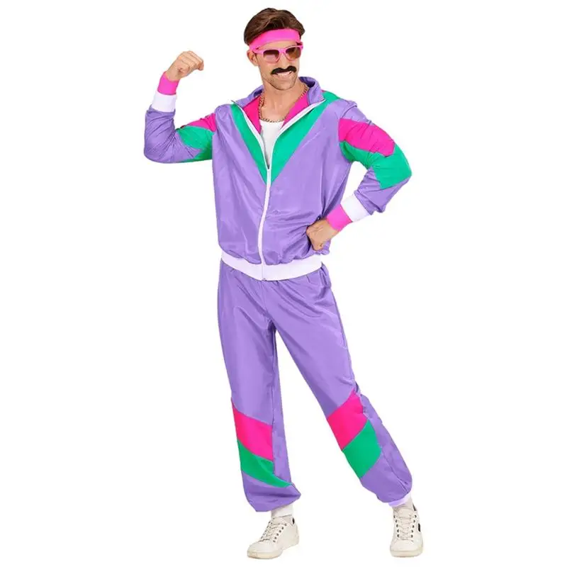 80s Sports Costume Men Color Block Design 80s Couple Track Suit Vintage Long Sleeve Tracksuit Masquerade Jacket With Zipper