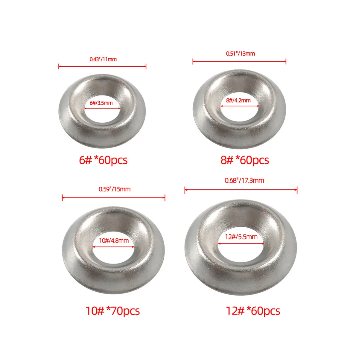 250Pcs 304 Stainless Steel Taper Washer Solid Fish Eye Gaskets M6 M8 M10 M12