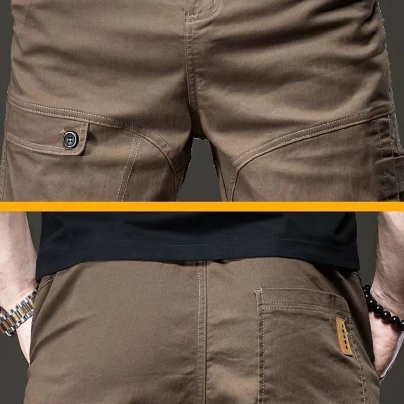 American Style Vintage Summer Casual Shorts Men's Solid Pocket Zipper Button Trend Versatile Straight Knee Length Cargo Pants
