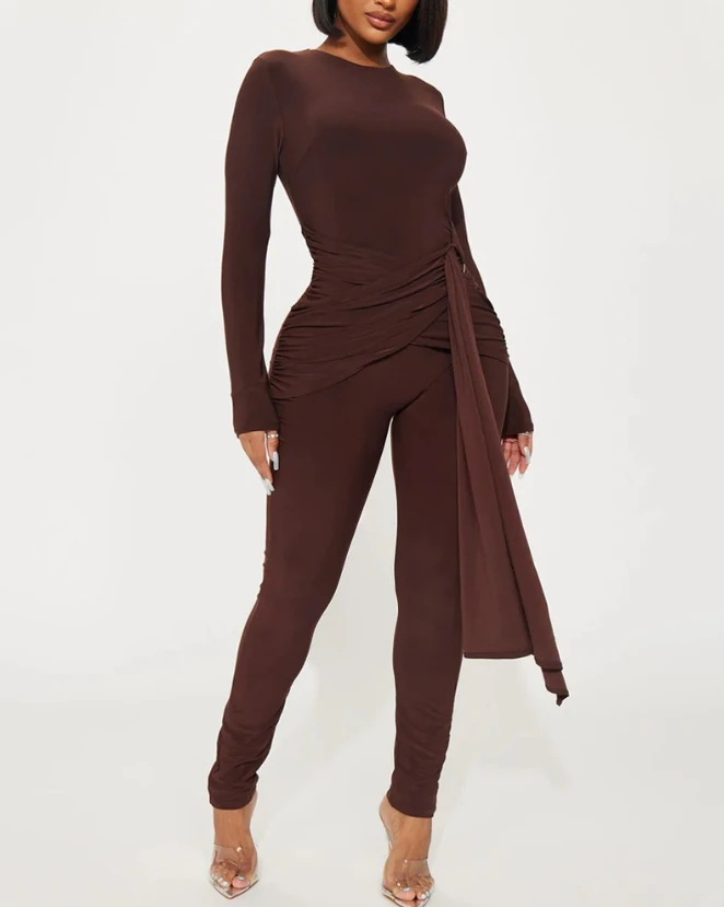 Womens Long Jumpsuit Solid Color High Waisted Tight Jumpsuit Asymmetrical Hem O-Ring Decor Ruched Long Sleeved Jumpsuit