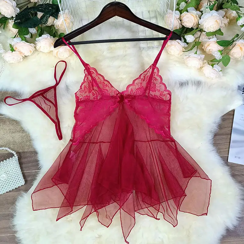 Transparent Sexy Lingerie Lady Silk Lace Sleeveless V Neck Nightdress Nightgown Short Sleepwear Sexy Clothing For Ladies