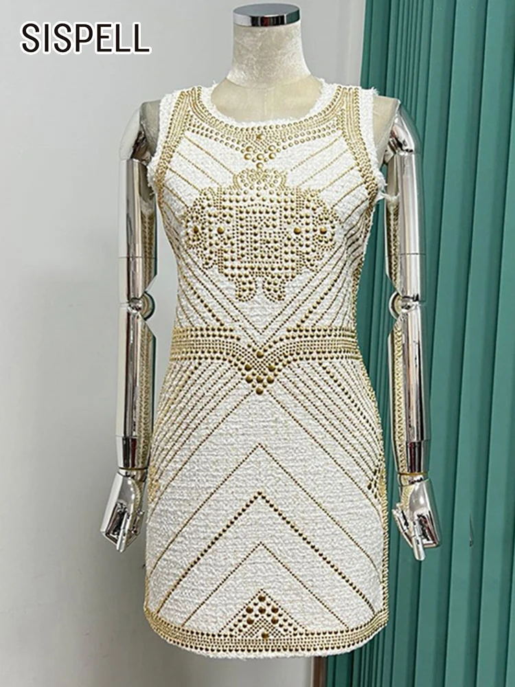 

SISPELL Summer Bodycon Mini Dress Female Round Neck Sleeveless Spliced Rivet Dresses Female Summer 2023 Clothes Fashion Elegant