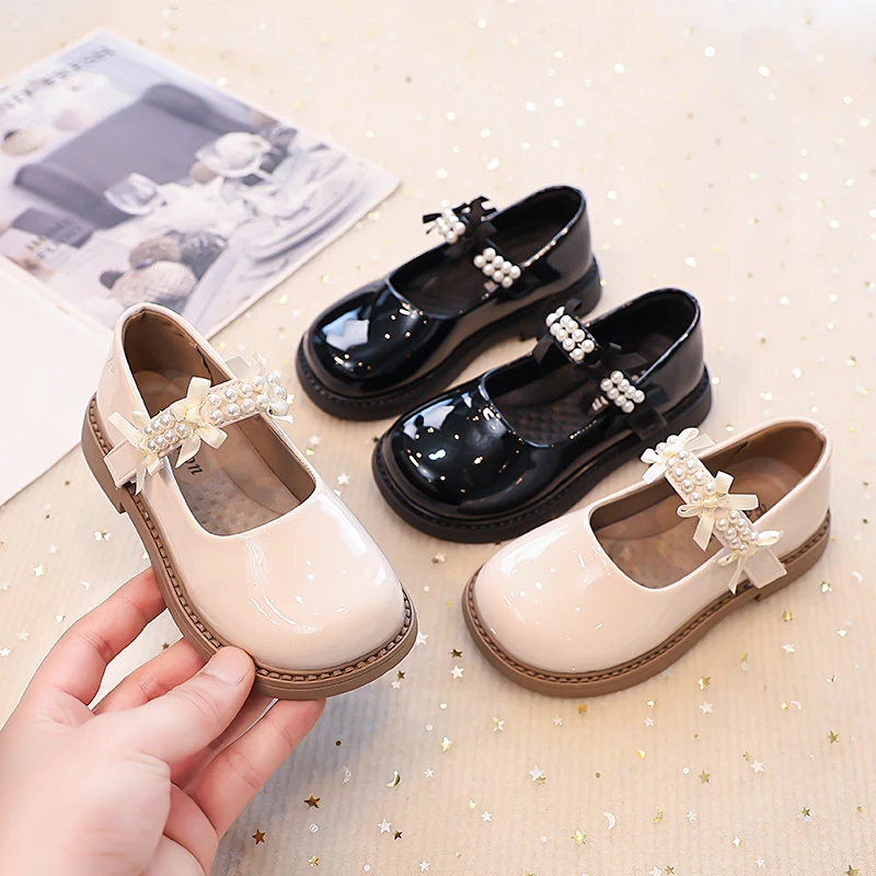 Leather Girls Mary Jane Flats with Beaded Bow for Autumn