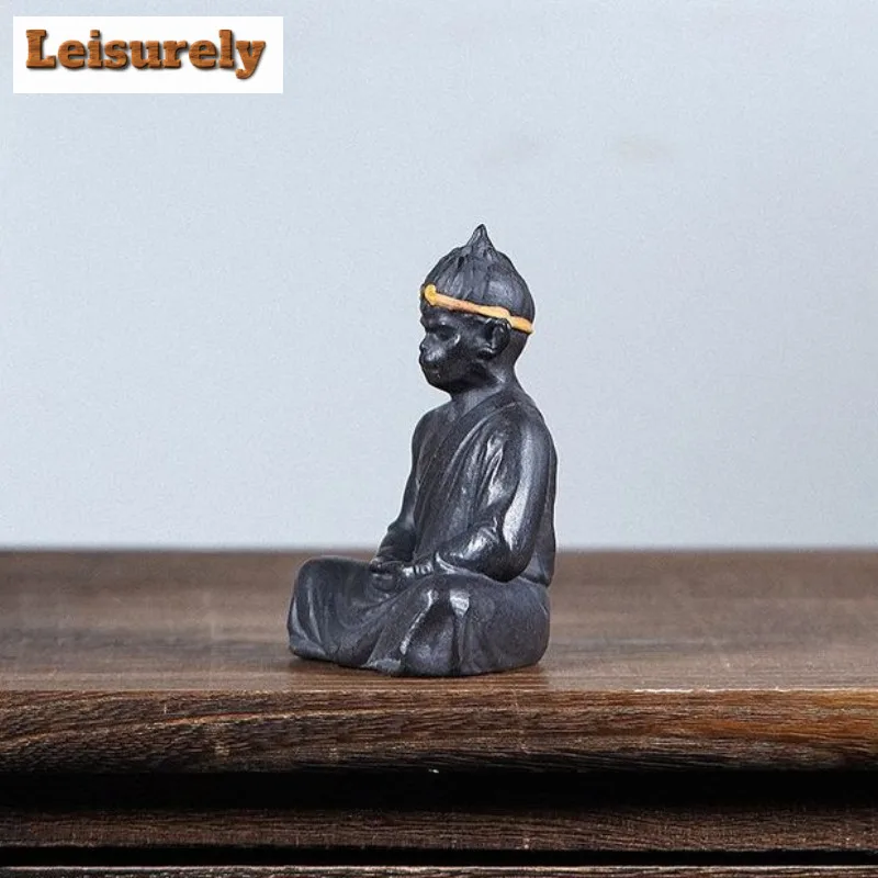 Yixing Zisha Black Clay Wukong Buddha Sculpture Tea Pet Creative Lucky Model Tea Figurine Play Toys Tea Statue Ornaments Gift